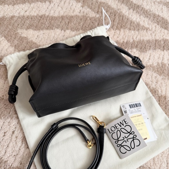 Loewe Handbags - Loewe Mini Flamenco Black Leather Shoulder Bag or Clutch with Gold Logo